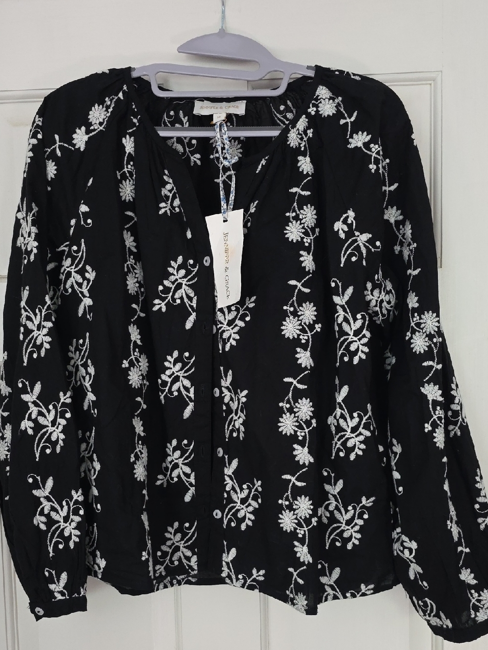 Anthropologie Black Blouse with White Floral Embroidery
